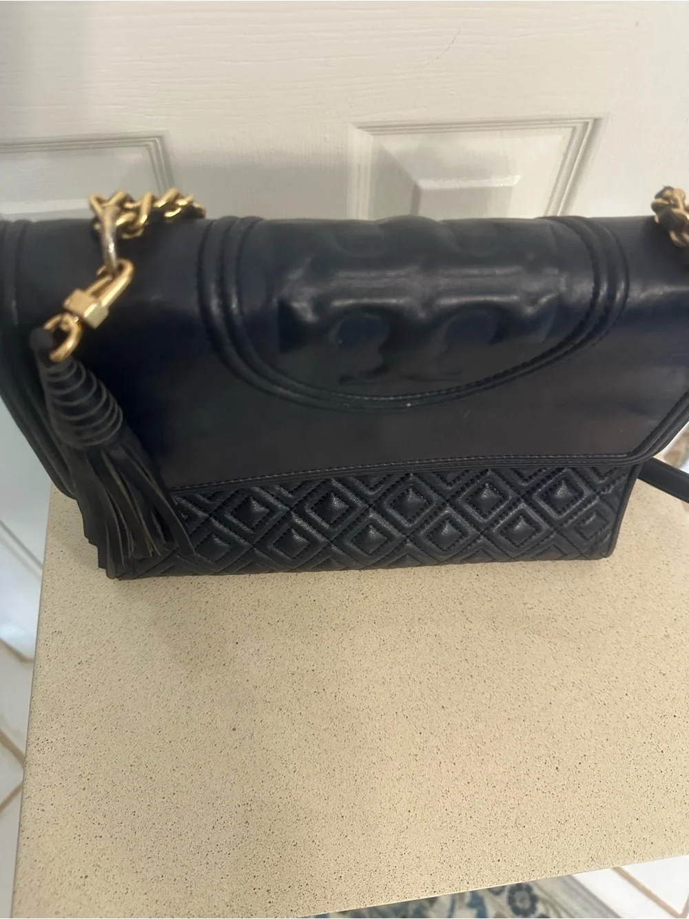 Tory Burch Fleming Black Leather Convertible Chain Shoulder/Crossbody Bag